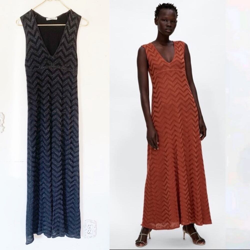 Zara Black Metallic Chevron Deep V Knit Sleeveless Maxi Dress S 70s retro Glam